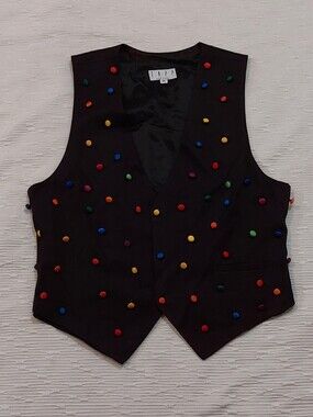 Vintage Black Vest with Multicolor Button Embellishments Size Medium